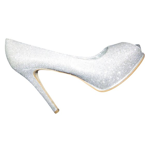 GUESS Honora 3 Metallic Silver Glitter Embellished Peep Toe Platform Pumps 10 - Picture 12 of 12